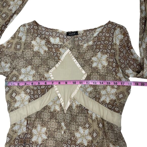 Kookai Mini Dress Size 2 Beige Brown Geometric Floral Long Sleeve Boho Hippie - Picture 8 of 12